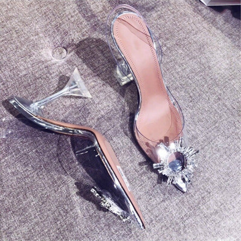 Pointed transparent sandals female new style word with stiletto rhinestone sexy Baotou high heels