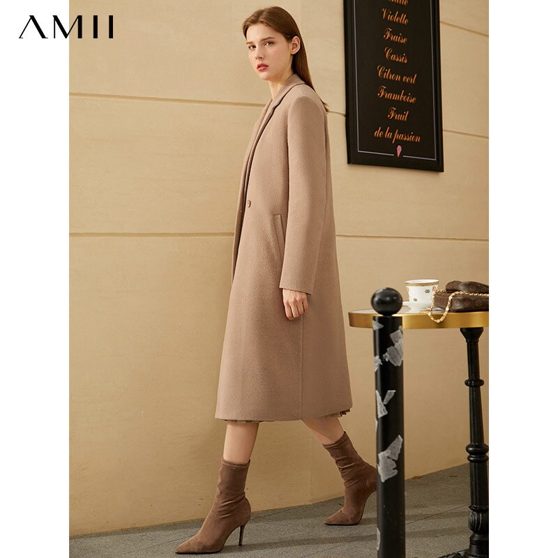 Geumxl Minimalism Winter Woolen Coat For Women Elegant Lapel Long Jacket Lady Wool Overcoat Solid Thick Female Outwear 12041000