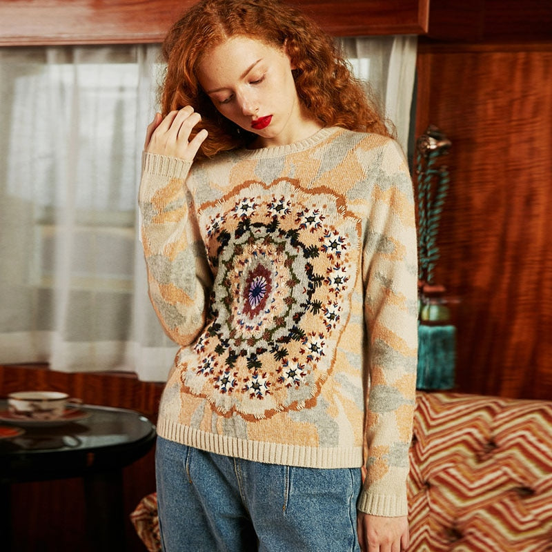 Geumxl Pullovers For Women 2022 Autumn Winter Circle Floral Embroidery Long Sleeve Warm Sweater High Quality Knitted Sweaters