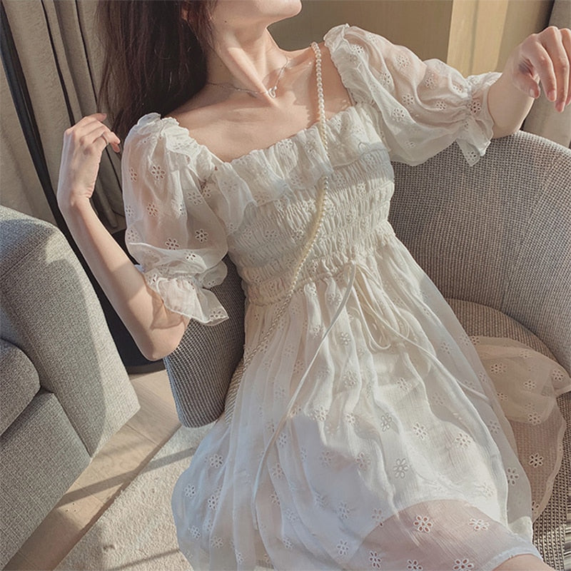 Geumxl White Puff Sleeve Korean Style Fairy Dresses Lace Chiffon French Japan Style Kawaii Elegant Vintage Dress Women Clothing 2022