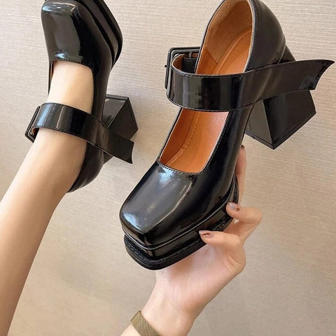 Geumxl Sandals Platform Shoes On Heels Women's Shoes 2023 Gothic High-Heeled Shoes Women Pumps Thick With Square Head Retro Mary Janes