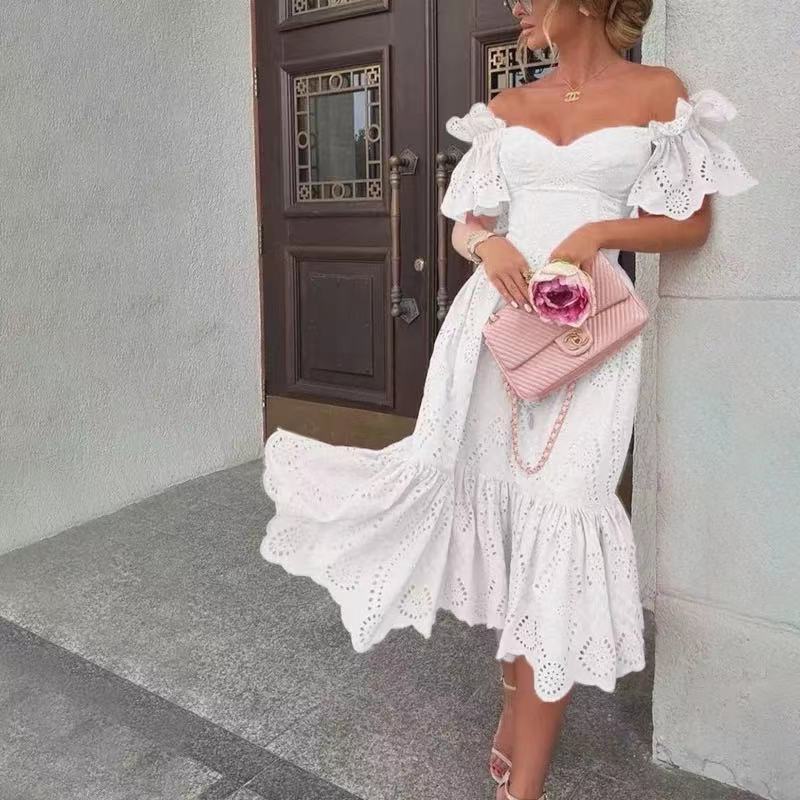 Geumxl Women Sexy Hollow Out Solid Ruffles Dress Summer Loose Lace Patchwork Casual Dress Elegant Strapless Party Dresses Vestidos