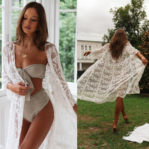 Hirigin Summer Women Mesh See-Through Bikini  Cover Dress 2022 Fashion Cardigan Style Beach Boho Holiday White Loose Vestido