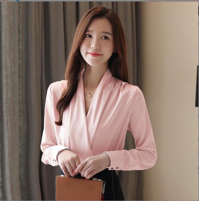 Women Folds V-Neck Shirt Female Long Sleeve Elegant Solid Office Blouse 2023 New Fashion Spring Streetwear Blouse And Tops