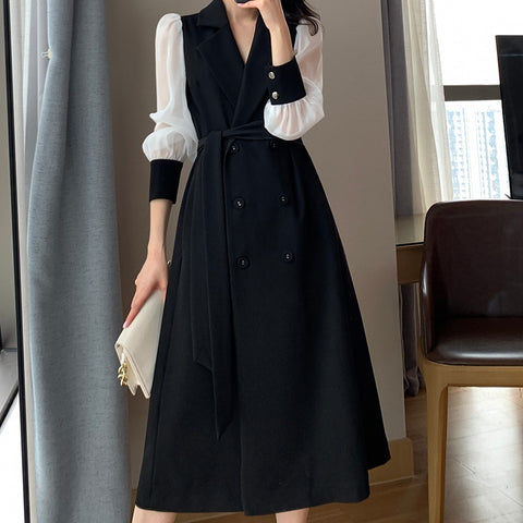 Geumxl Vintage Fashion Belt Maxi Dresses For Women Notched Long Sleeve Office Ladies Blazer Dress Autumn Winter Long A-Line Black Dress