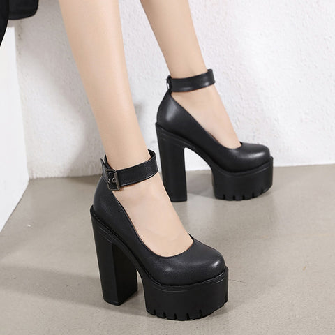 Geumxl Spring Autumn Womens Chunky Block High Heel Platform Shoes Ankle Strap Buckle Pumps Gothic Punk Shoes For Model Nightclub