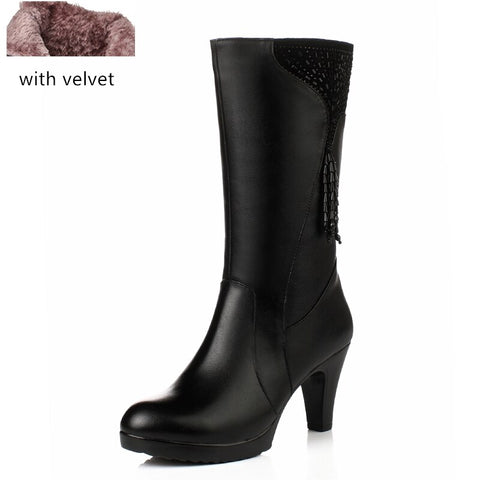 Geumxl Winter Wool Women's Boots Stiletto Genuel Leather Mid-Tube Boots High-Heeled Tassel Boots Plus Velvet Middle-Aged Cotton Shoes