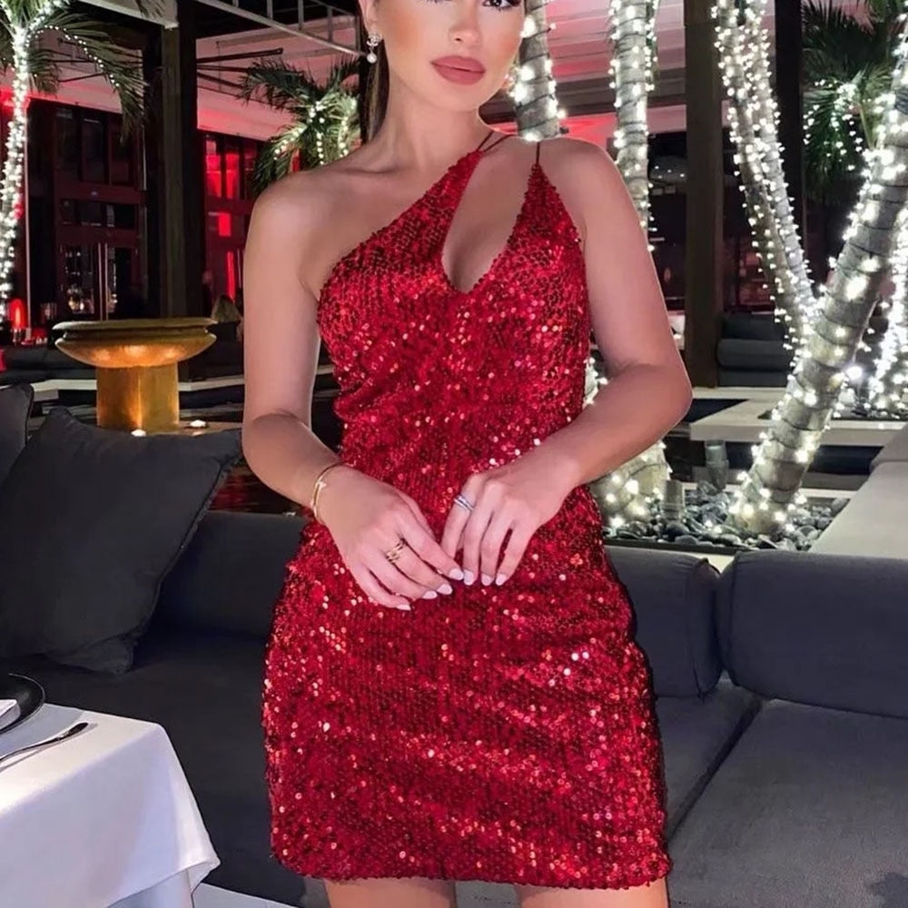 Geumxl-hoco dresses  2024 Summer Women Elegant Vintage Sexy Red Velvet Sequins Dress Female Casual Inclined Shoulder Party Slim Mini Dresses