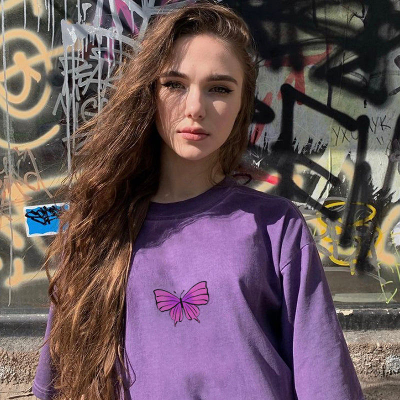 Geumxl Butterfly Graphic Oversize Printing Stitch Purple Loose O-Neck Short Sleeve T-Shirt Clothes Women Shirt Vintage Bf Clothing Tee