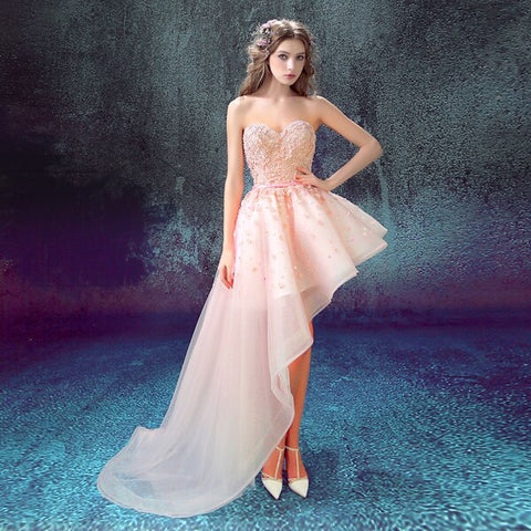 Prom Dress 2022 Short Long Pink Lace Applique Bead Sweetheart Strapless Sweep Train Sweet Girl Party Formal Evening Gown Stock