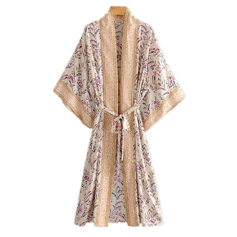 Geumxl 2022 Printed Summer Beach Wear Clothing Long Kimono Autumn Plus Size Tunic Women Tops Self Belted Wrap Coat A155