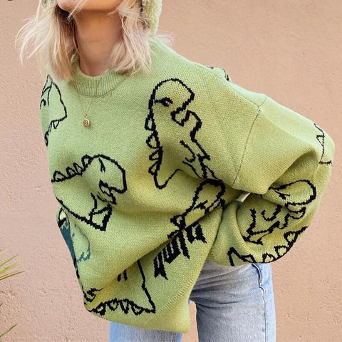 Geumxl Christmas Gift Oversize Green Sweater Women Fashion Y2K Dinosaur Printed Top Harajuku 90S Knit Sweater Loose Casual Pullover Winter Jumper