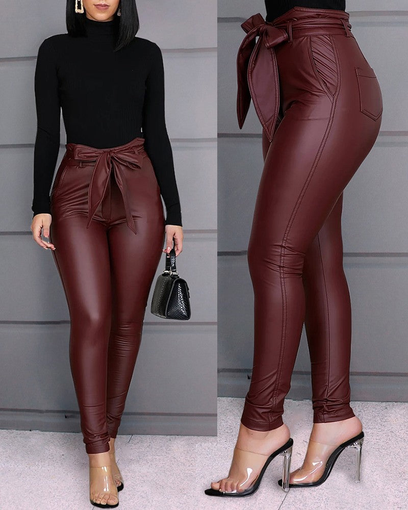 Geumxl Belt High Waist Pencil Pant Women Faux Leather PU Sashes Long Trousers Casual Sexy Push Up Slim Design Fashion