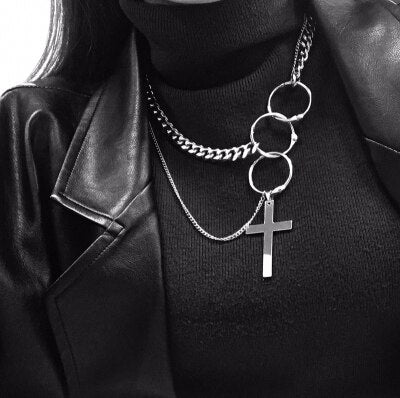 Geumxl 2023 New Personality Cross Square Metal Multilayer Hip Hop Long Chain Cool Simple Necklace For Women Men Jewelry Gifts