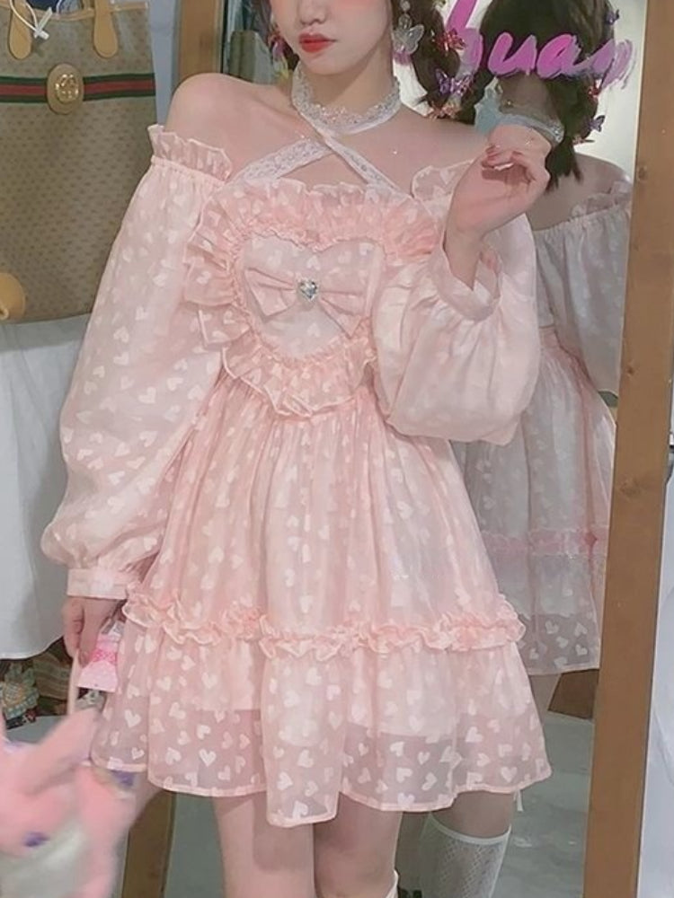 Geumxl Autumn Pink Sweet Lolita Dress Women Japanese Kawaii Fairy Party Mini Dress Female Korean Lace Halter Cute Princess Dress 2022