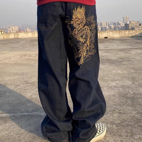 Retro Street Skateboarding Street Dance Loose Chinese Dragon Embroidered High Waist Jeans Women Daddy Mopping Jeans Female 2022