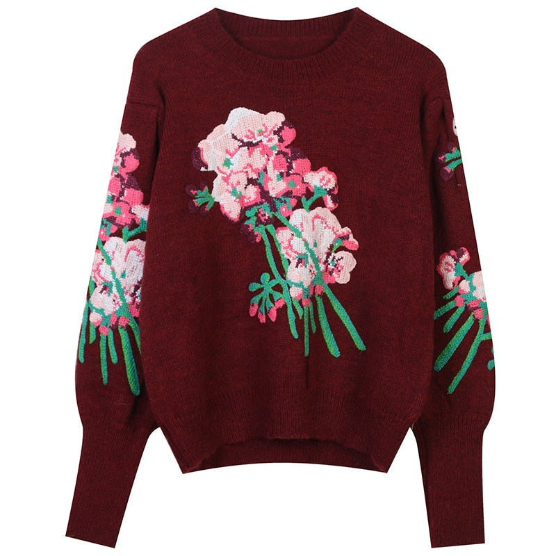 Geumxl Boho Fall Winter Big Flower Embroidery Sweater For Women 2023 Vintage Lantern Sleeve Loose Warm Knit Pullover Sweaters