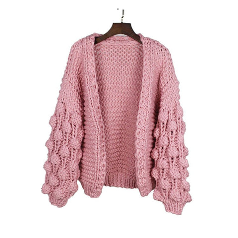 Geumxl Pink Cotton Long Sleeve Handmade Crochet Sweater Cardigan Women Casual Loose Lazy Winter Warm Coat Pull Jumper Outwear