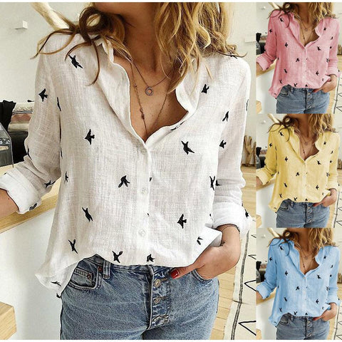 Geumxl Women's Birds Print Shirts 35% Cotton Long Sleeve Female Tops 2022 Spring Summer Loose Casual Office Ladies Shirt Plus Size 5XL