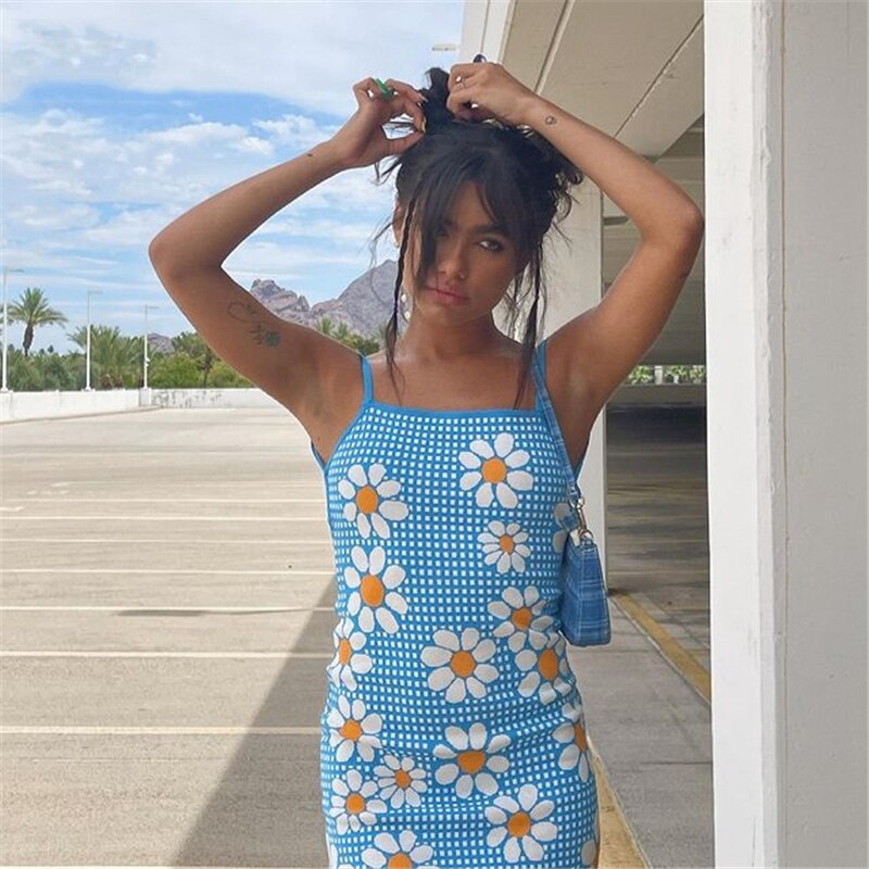 Sexy Knitted Mini Dress Y2K Aesthetic Floral Print Backless Lace Up Spaghetti Strap Cami Sundress Chic Women Beach Clothes