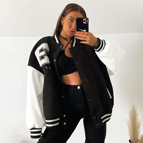PU Patchwork Letter Embroidery Women Baseball Outerwear Casual Button Coat Autumn 2022 Streetwear Loose Style Jacket