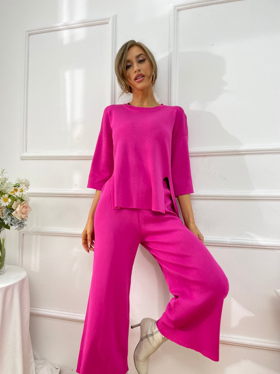 Geumxl Sexy Knitted Two Piece Women Sets 2 Piece Knit Tracksuit Matching Set Women Fall Casual Outfits Wide Leg Pants Set For Women