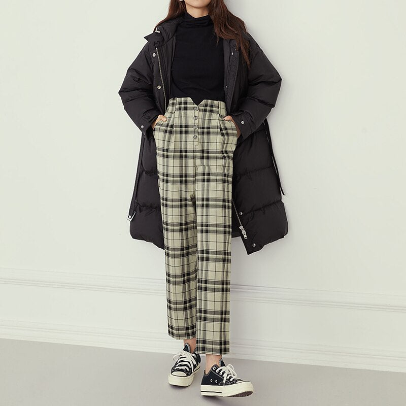 Geumxl High Waist Pleated Plaid Pants Women Casual Office Lady Black Suit Pants Autumn Winter Loose All-Match Trousers