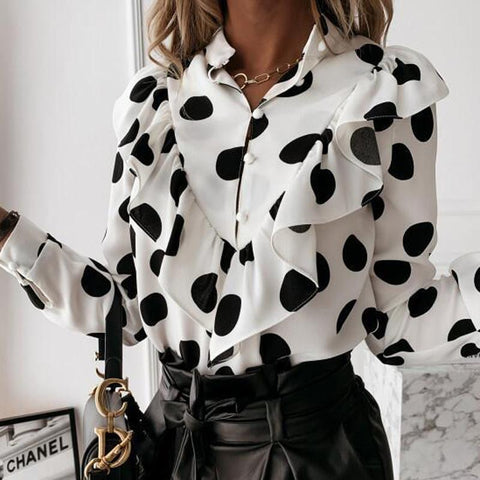 Geumxl Casual Leopard Dot Print Ruffle Blouse Shirt Autumn Winter Long Sleeve Women Shirts Elegant Office Lady V-Neck Button Tops Blusa