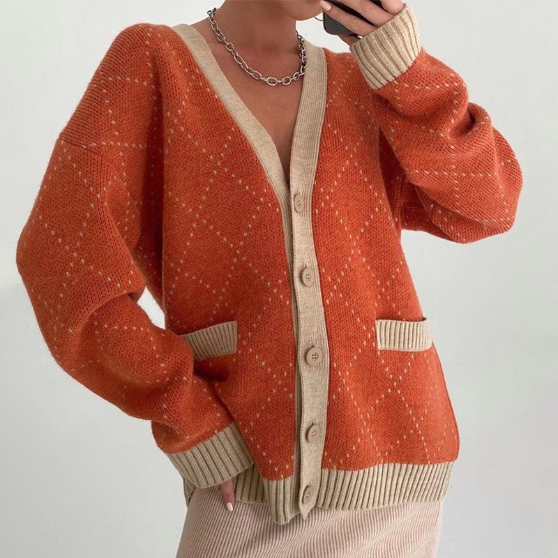 Plaid Knitted Cardigan For Women Pocket V-Neck Autumn Loose Casual Oversized Sweater Female Y2K Vintage 2021 New Warm Lady Tops
