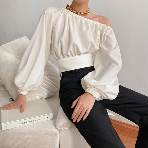 2023 New Women's White Long Sleeve Elastic Waist Oblique Shoulder Lace Up Lantern Ruched Crop Top Spring Autumn Fashion Shirt