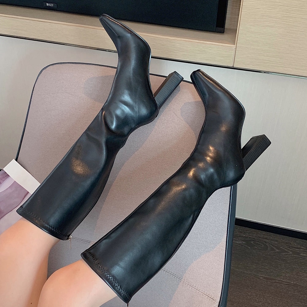 Geumxl 2022 Spring Mature Ladies Knee High Boots Women Square Toe Thick High Heels Elegant Booties Fashion Concise Female Shoes