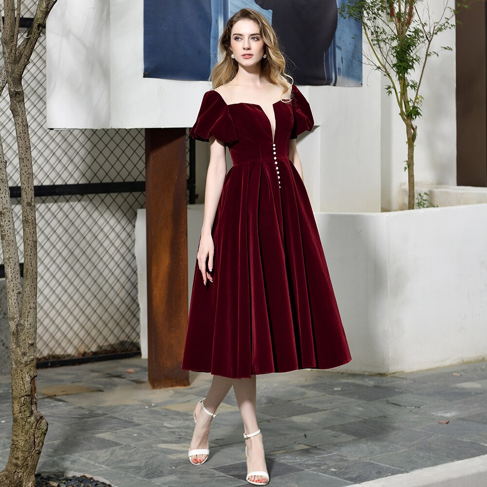 New Burgundy Evening Dress gala jurken Velour Sheer Neck A Line Cap Sleeves Ankle Length Prom Party Gown