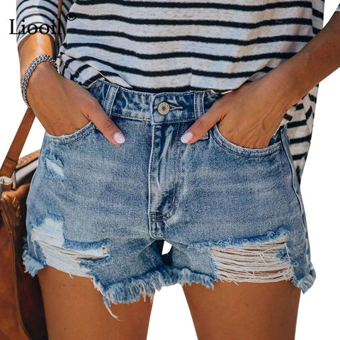 Sexy Ripped Skinny Jean Shorts With Tassel Women Mid Waist Summer Streetwear Pockets Distressed Washed Blue Hole Denim Shorts