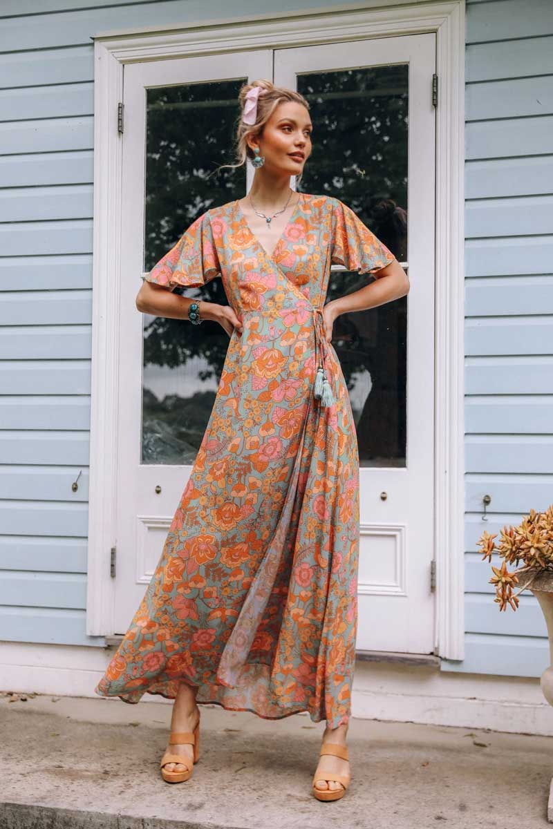 Geumxl Ruffles Orange Floral Summer Bohemian Dress Vintage V-Neck Short Sleeve BOHO Dresses Holiday New Women Dress 2022