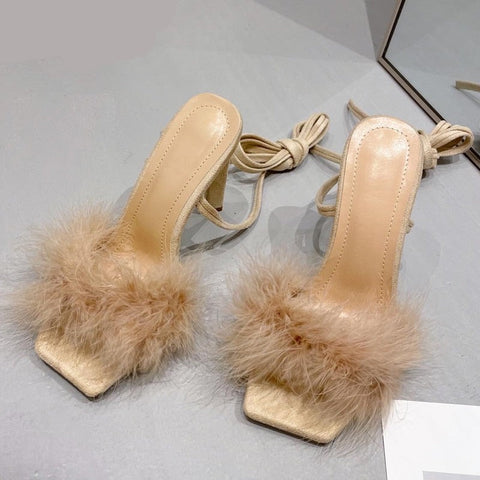 Feather Lace Up Women Sandals Shoes Square Toe Cross Tied Transparent high heels Pumps Stripper Shoes