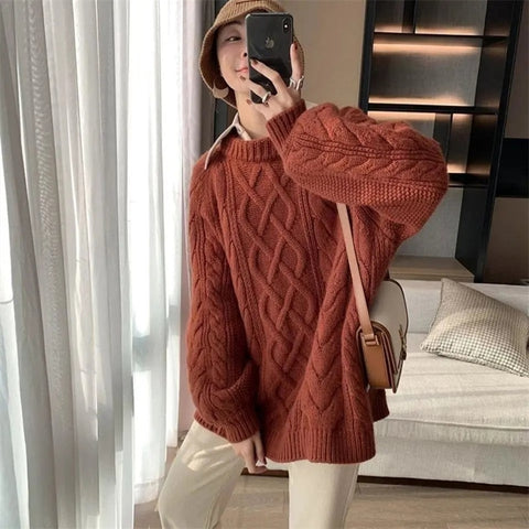 Geumxl Vintage Sweater Women Loose Long Sleeve Retro Ladies Twisted Thin Sweater All-Match Holiday Daily Sweet Femme Knitwear Pullovers