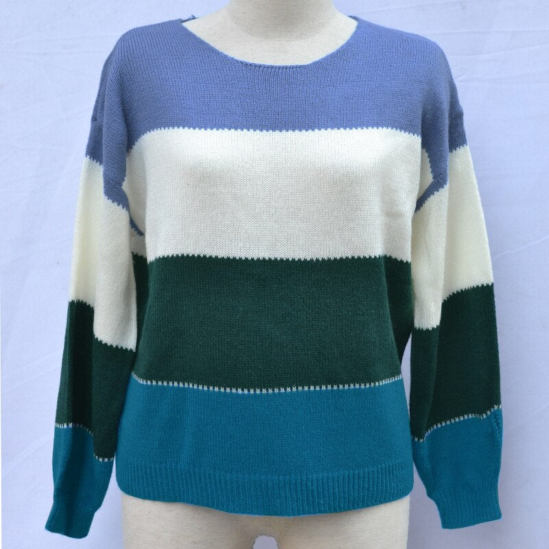 Geumxl Boho Oversized Loose Winter Striped Sweater Women Pullover O Neck Womens Sweaters Color Block Spliced Sweaters Jumper