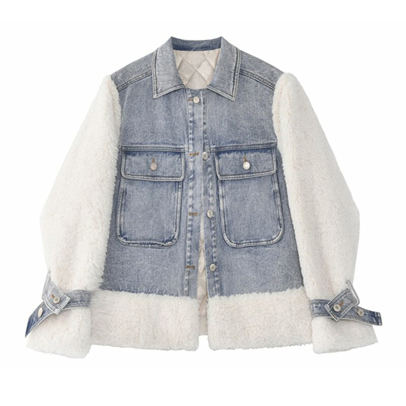 Loose Fit Blue Lambswool Thick Denim Jacket New Lapel Long Sleeve Women Coat Fashion Spring Autumn 2022