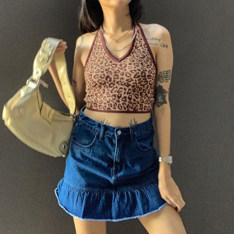 Knitted Leopard Printed Halter Vest Women Sexy Backless Harajuku Korean Fashion Style Tube Cami Tops Summer 2022  Iamhotty