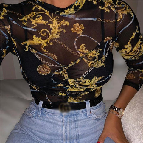 Geumxl Women Mesh Sheer See Through Print Shirt Blouses Outwear Turtleneck Long Sleeve Tops Transparent Slim Shirt Bodycon Club Blouse