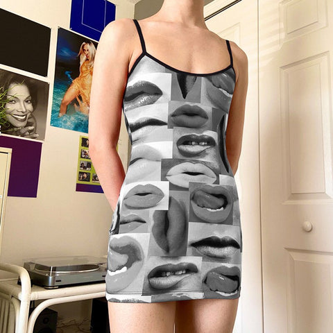 Gothic Mouth Print Mini Dress y2k Vintage Women Spaghetti Strap Sexy Sundress Female Summer E-girl Bodycon Dress Clubwear