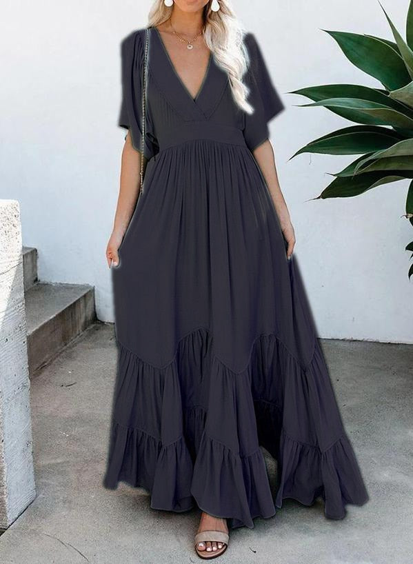 Geumxl New Summer Fashion Maxi Dress V-Neck Short Sleeve Solid Color Floor Length Dress A-Line Holiday Overall Vestidos Boho Robes