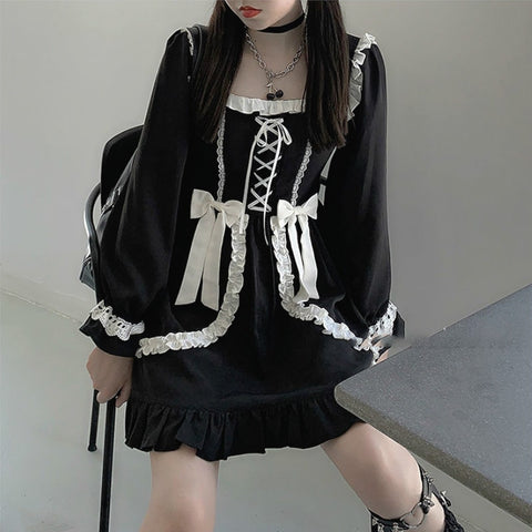 Japanese Lolita Gothic Dress Girl Patchwork Vintage Designer Mini Dress Japan Style Kawaii Clothes Fall Dresses For Women 2022