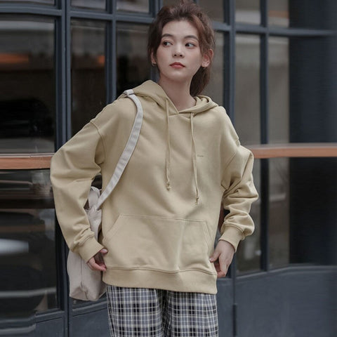 Letter Print Hoodies Women Long Sleeve Hooded Front Pockets Loose Thicken Soft Comfortable Simple Harajuku Teens All-match Chic