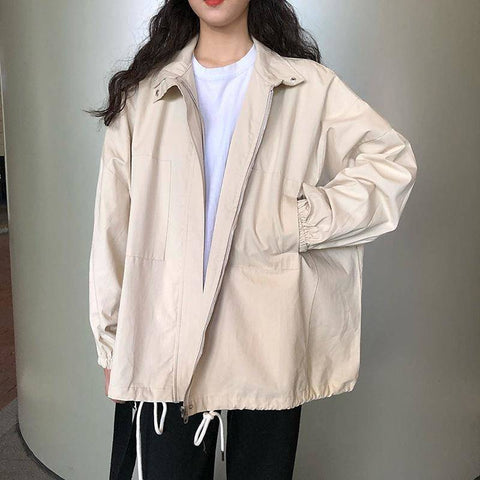 Harajuku Korean Version Loose Thin Long-Sleeved Y2K Windbreaker Sun Protection Coat Solid Color Retro Shirt Student Girl Top