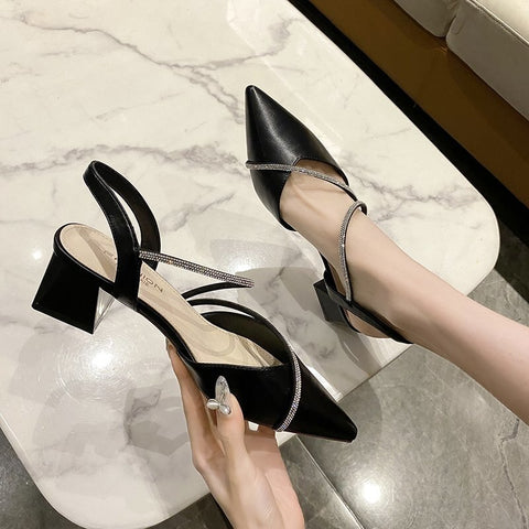 Geumxl Spring Summer Women Thick Heel Pointed Toe Shoes Female Mid-heel Ankle Strap Leather Platform Shoes Ladies Fashion Party Sandals
