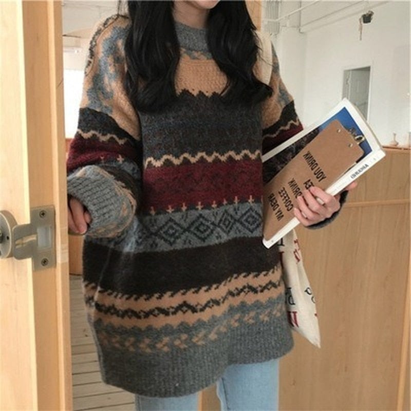 Geumxl Vintage Knitted Sweaters Women Striped Pullovers Ladies Winter Jumpers Casual Knitwear Argyle Loose Sweater Streetwear