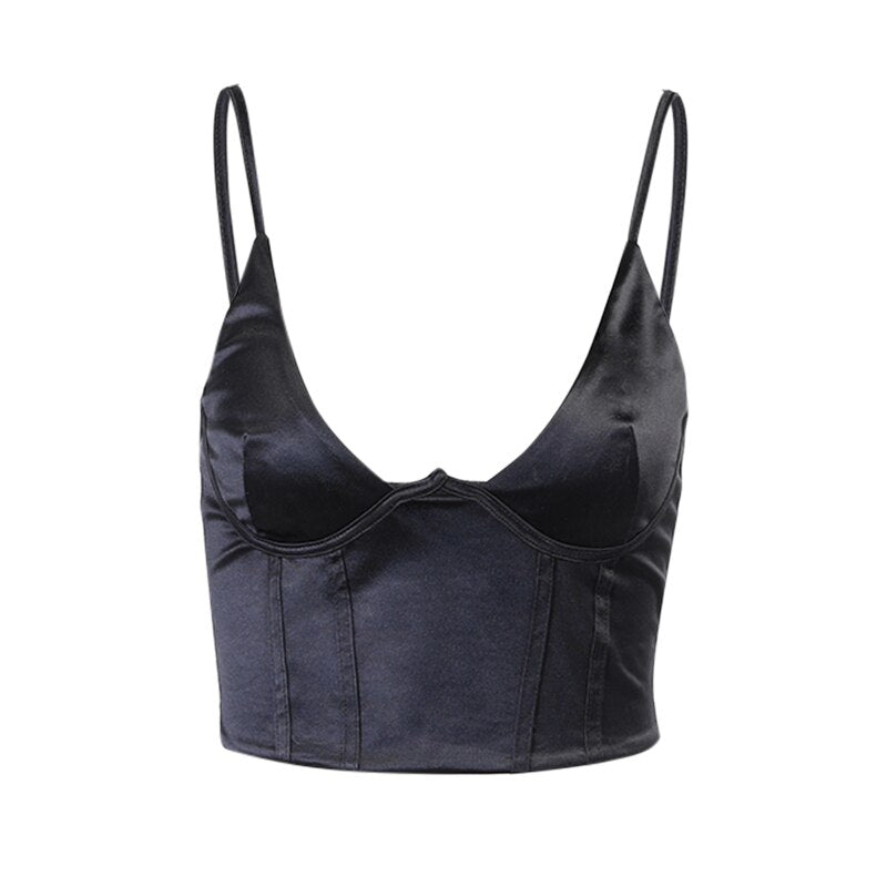 Sexy Women Crop Top Camis Club Slim Streetwear Casual Backless 2022 Female Camisole Solid Black Tops Satin Party Vest