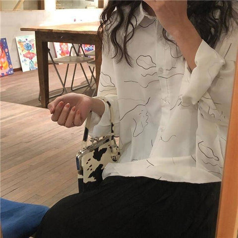 Graduation gifts Shirts Women Retro Simple Line Printed Casual Long Sleeve Cozy Elegant Buttons Ins Office Lady Tops Designed Trendy All-match