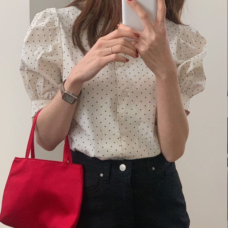 Korean Round Collar Collar Loose Shirts Chic Ploka Dot Print Women Tops Fashion Puff Short Sleeve Blouse Women Clothes 14480